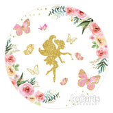 Lofaris Gold Butterfly Fairy Floral Round Birthday Backdrop